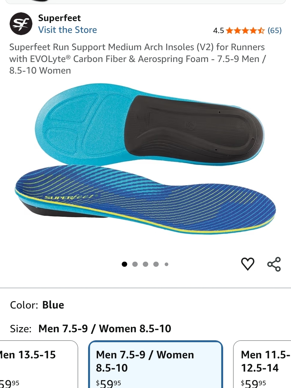 Superfeet Run Support Medium Arch Insoles (V2) for Runners with EVOLyte® Carbon